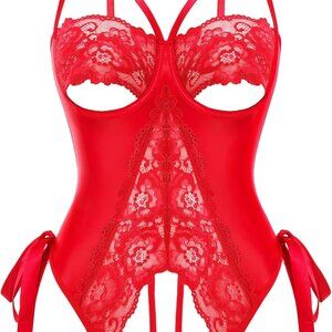 Sexy Lingerie for Women One Piece Teddy Cutout Bodysuit Lace Faux Leather